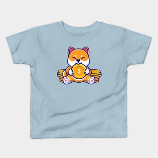 Cute Shiba Inu Dog With Gold Coin Cartoon Kids T-Shirt